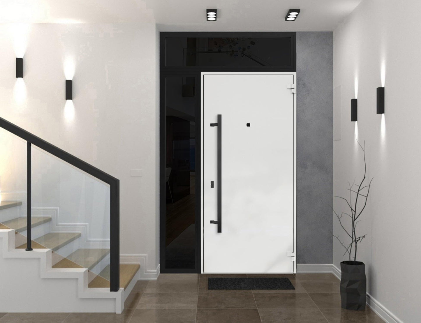 VDOMDOORS Front Exterior Prehung Steel Door/Deux 6072 Black Enamel/Side and Top Exterior Window Sidelite/Entry Metal Modern Painted W36+14" x H80+16" Left Hand Inswing