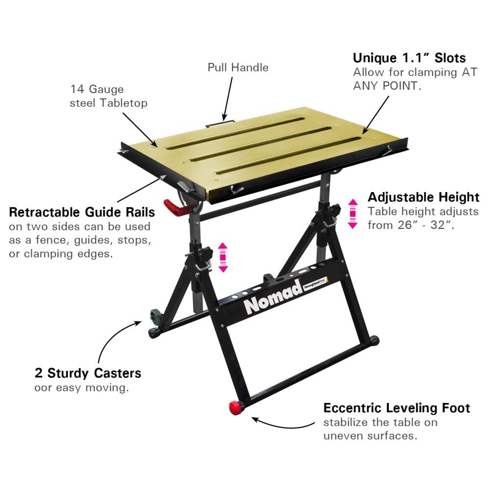 Steel Welding Table, 1.1″ (28mm) Tabletop Slots, Adjustable Angle & Height, Casters, Retractable Guide Rails, Eccentric Leveling Foot, TS3020