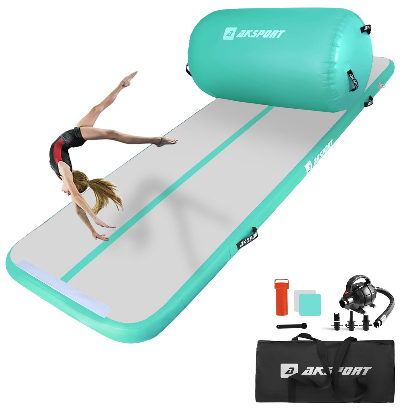 AKSPORT Inflatable Gymnastics Mat with Air Barrel Gymnastics Roller for Back Tumbling/Yoga/Cheerleading/Back Walkovers,with Air Pump