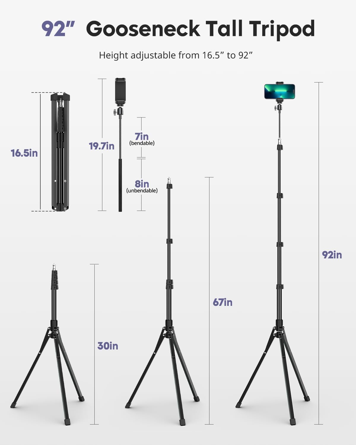 Aureday 92" 15" Phone Tripod, Cell Phone Stand with Gooseneck, Remote and Phone Holder, Overhead & Selfie Stick