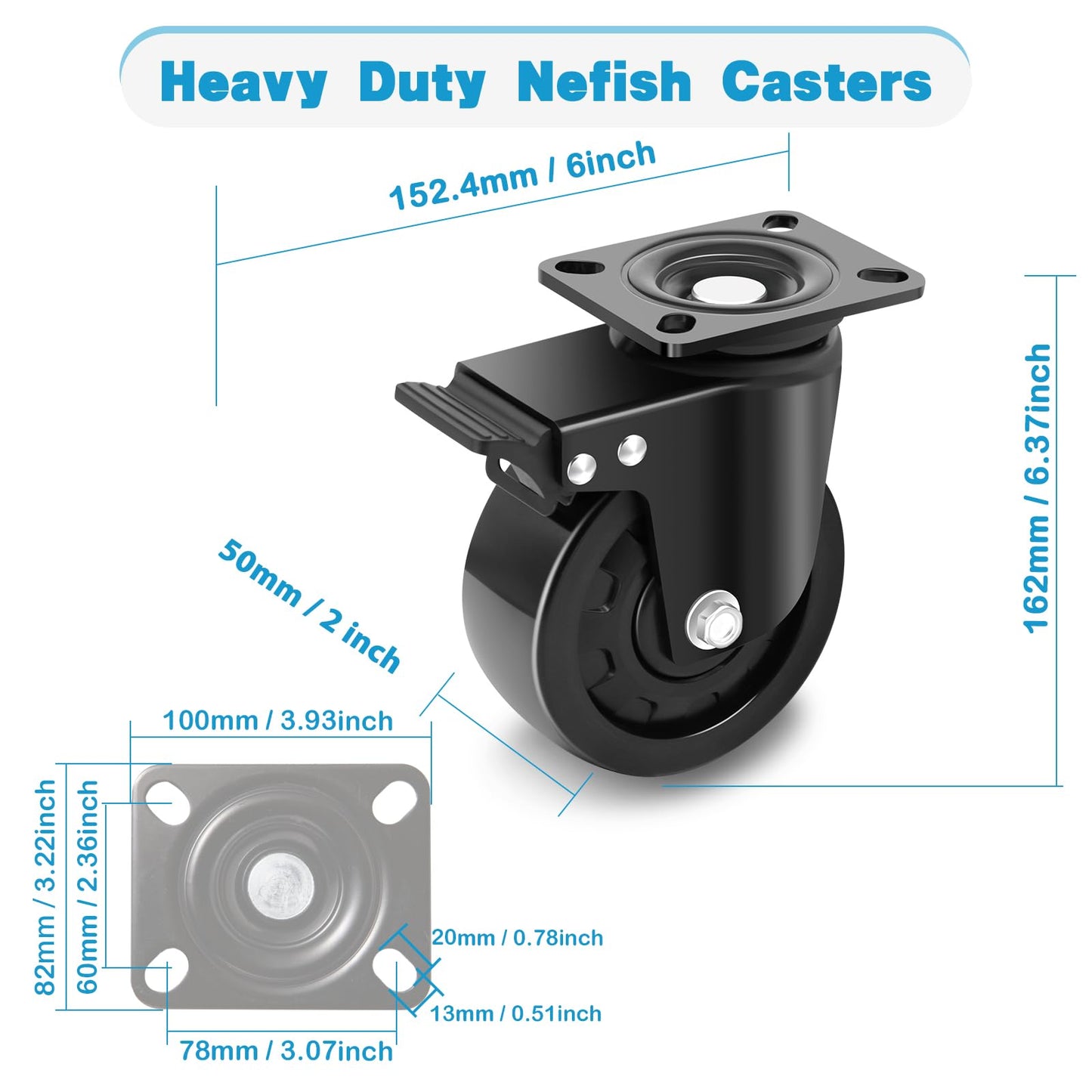 Nefish 5 Inch Heavy Duty Casters Set of 4, Industrial Grade Casters 9900 lbs, Low Gravity Plate Swivel Caster with Brake, Durable & Corrosion-Resistant Nylon Wheels for Industrial, Equipment, Machine