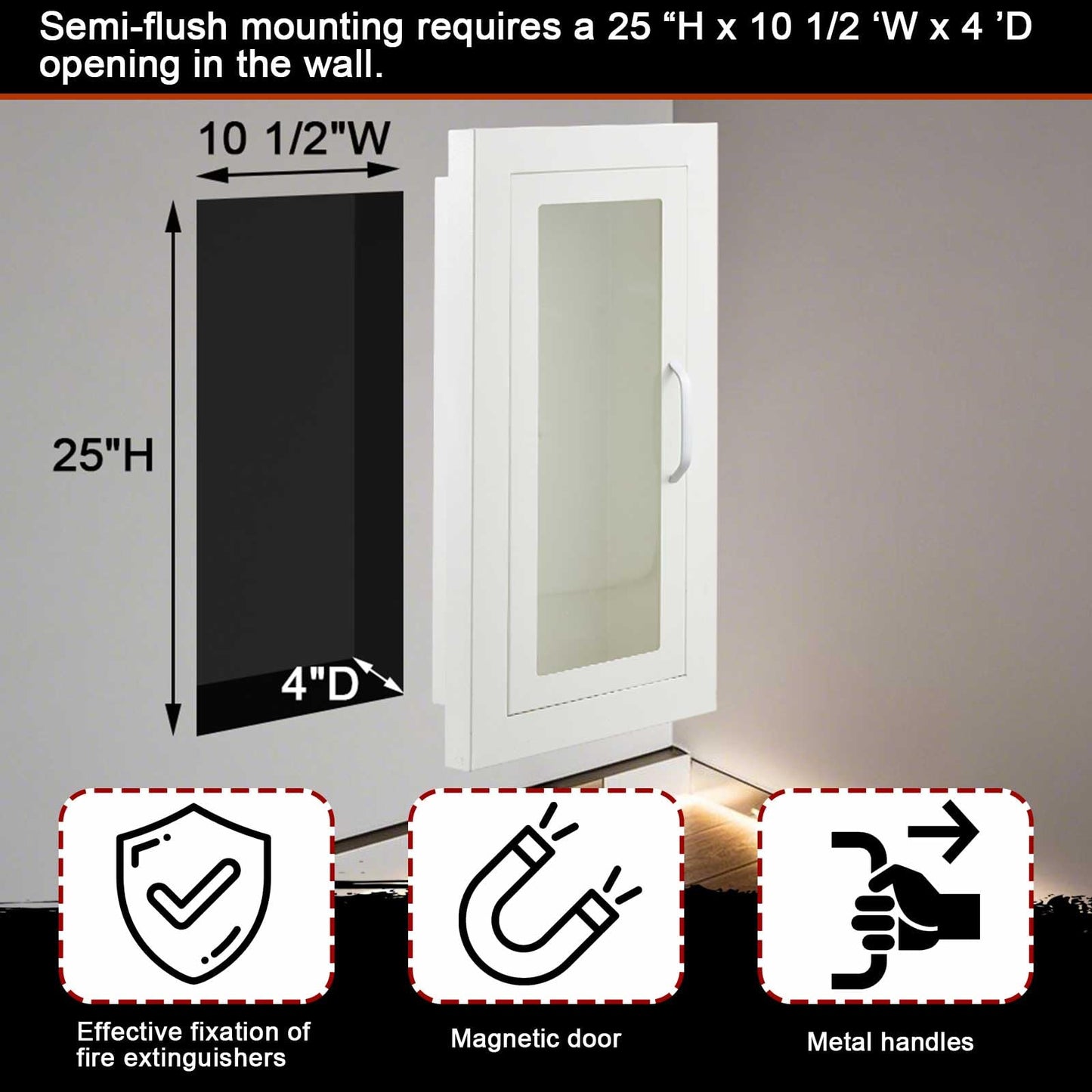 Zonon 4 Pcs Semi Recessed Fire Extinguisher Cabinet Box Steel Recessed Wall Cabinet, Magnetic Door with Handle, Acrylic Window, 2.5 Inch Trim, for 2.5/5/10 lb Dry Chemical Fire Extinguisher (White)