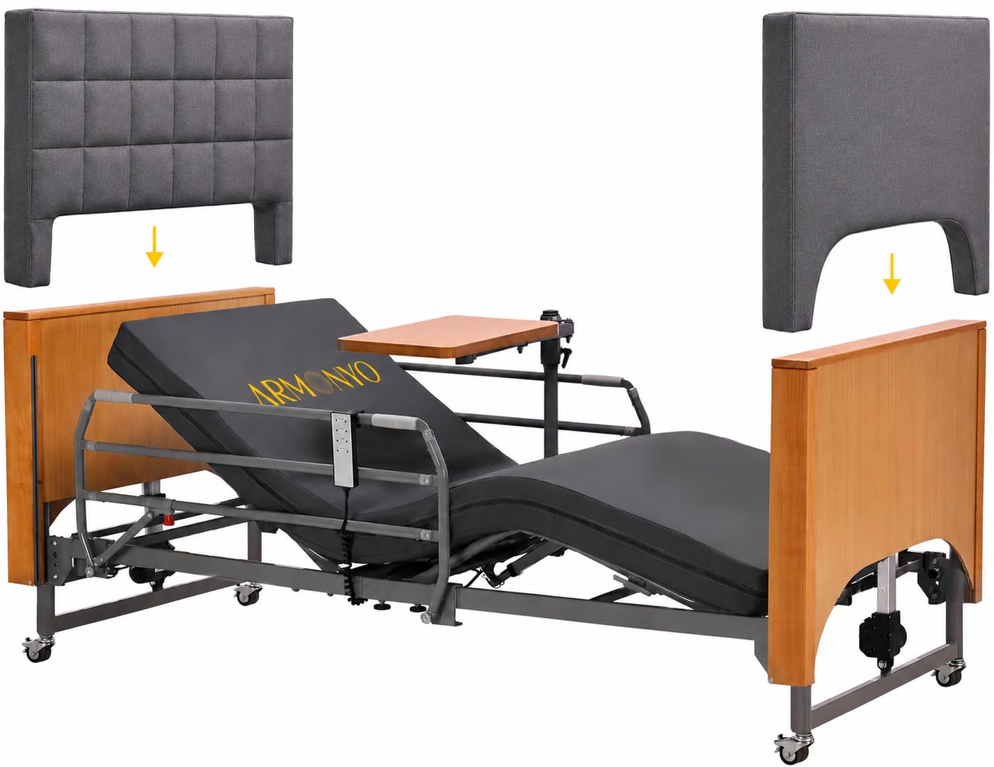 ARMONYO Electric Hospital Bed for Home Use – 5 Functions, Advanced German LIMOSS Motor, Ultra-Low 8.5"–25" Adjustable Height, Double Solid Wood Panels with Medical Overbed Table & Foldable Rails