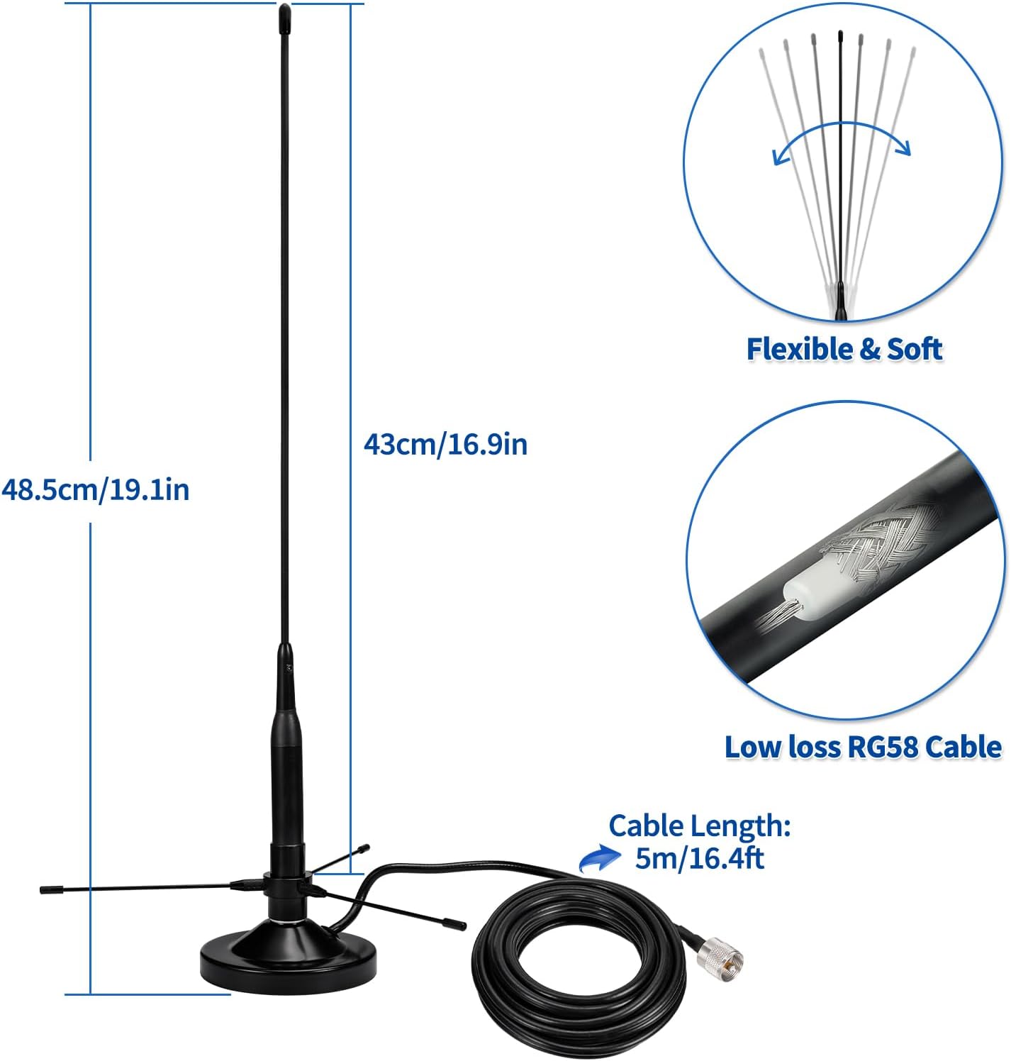 BINGFU 136-174MHz 400-470MHz PL259 Vehicle Mobile Ham Radio Antenna with Ground Planes Dual Band VHF UHF Magnetic Base