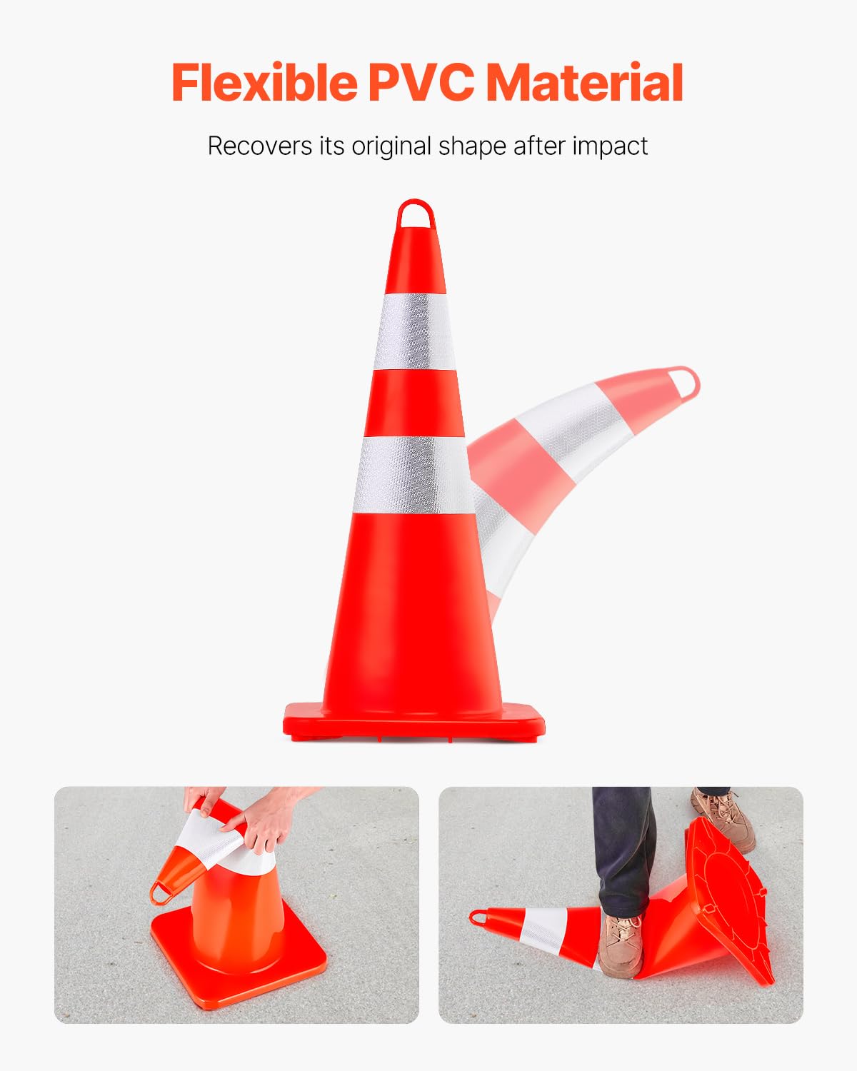 VEVOR Safety Cones, 12 x 28" Traffic Cones, PVC Orange Construction Cones, 2 Reflective Collars Traffic Cones with Weighted Base and Hand-Held Ring Used for Traffic Control, Driveway Road Parking
