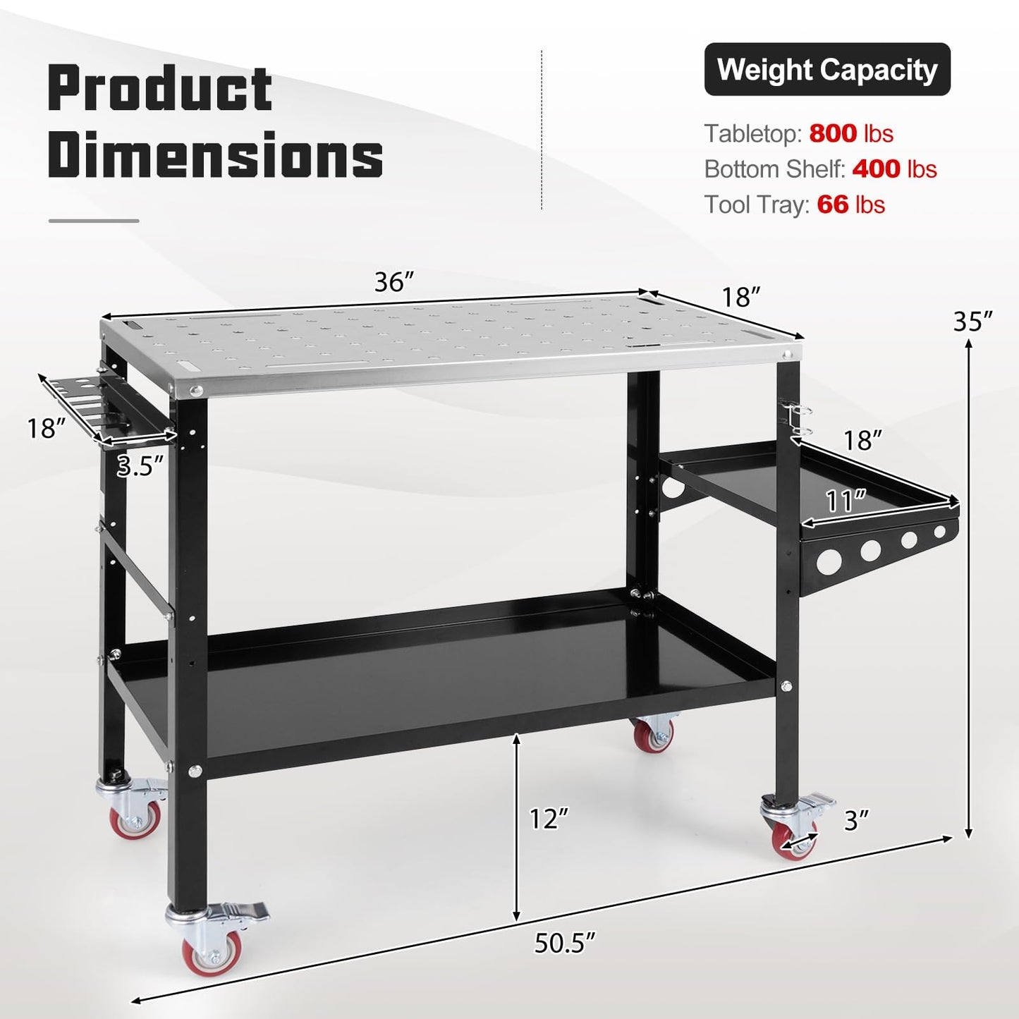 ERGOMASTER Welding Table 36'' x 18'',1200LBS Steel Weld Workbench with Wheels, 8 Tool Slots and 5/8" Fixture Holes for Welder Garage & Workshop