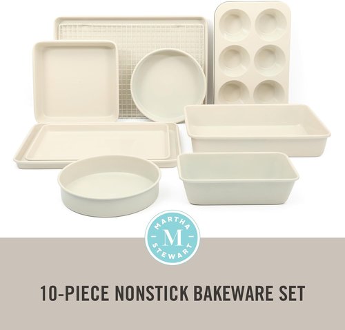 Martha Stewart Gallen 10-Piece Non-Toxic Ceramic Baking Pans Set | PFA-Free Non-Stick Bakeware - Linen White