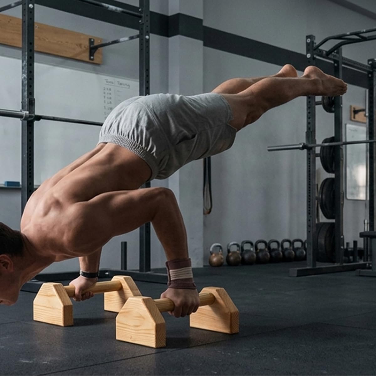 Trlakepreble Wooden Parallettes Push Up Bars, Anti-Slip Push-Up Handles, Mini Handle Pumps, Dip Station Dip Bar, Handstand Bars for Calisthenics and Fitness（log）