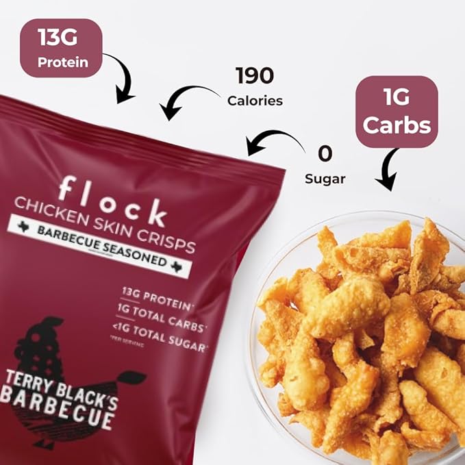 Flock Keto Chicken Skin Chips | Terry Black's BBQ Flavor | Low Carb, High Protein, Sugar Free, Gluten Free Fried Chicken Skins for People | (2.5oz) 4-Pack Crispy Flock Chips