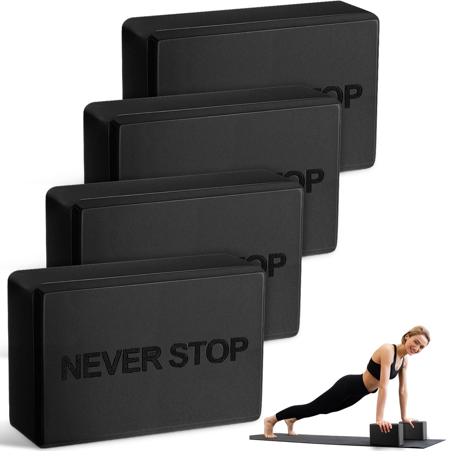 RoundFunny 4 Pack Yoga Blocks Non Slip Pilates Brick Foam Blocks Pilates Dance Gymnastics Workout Fitness Props Tool for Stretching Meditation and Exercise (Black)