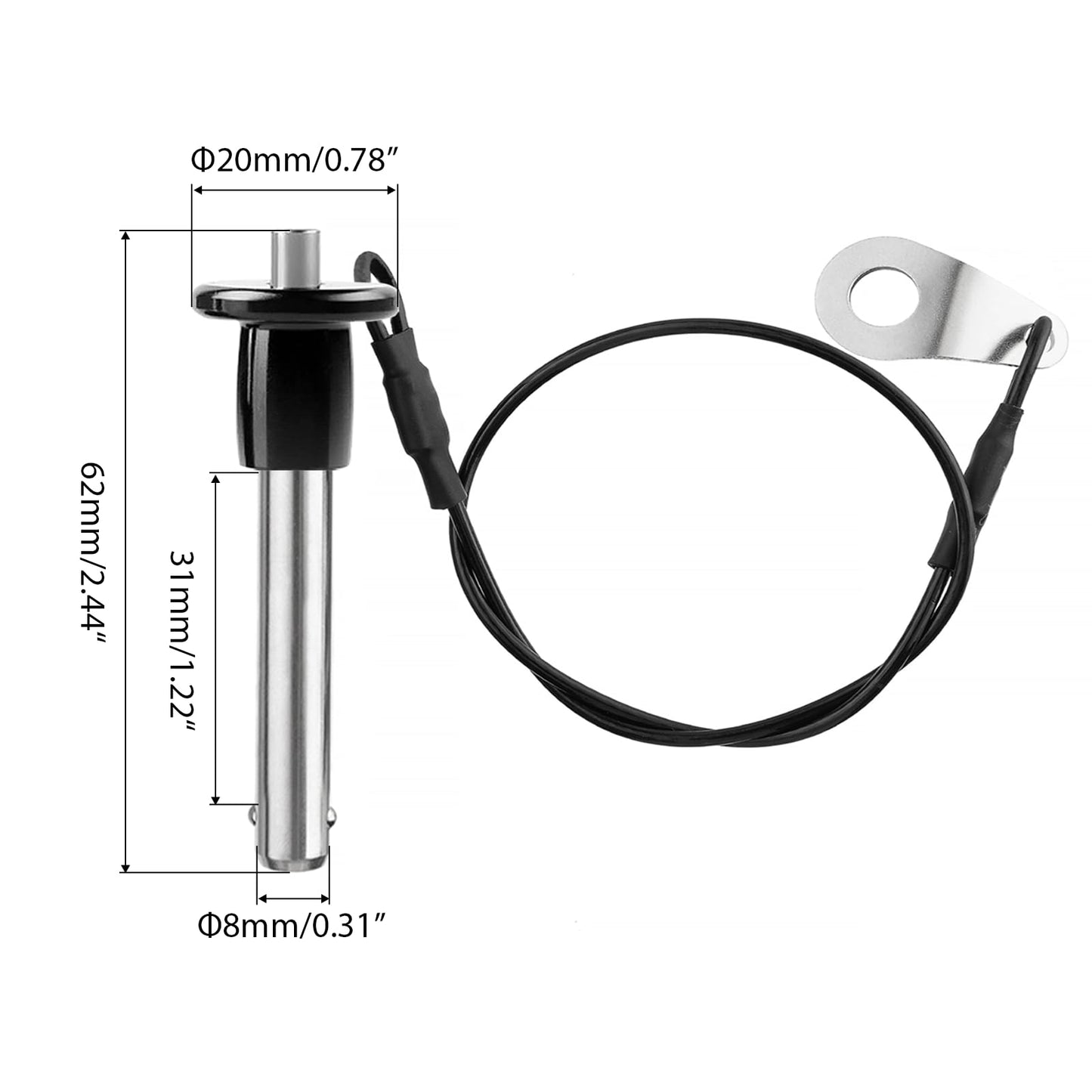 VXCICC 2 Pack 304 Stainless Steel Quick Release Pin 5/16 Inch Diameter Ball Locking Pin with Push Button Round Handle Lanyard Usable Length 1.22"(8mm x 31mm)