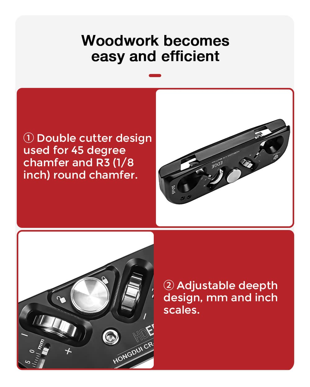 HONGDUI DJ11S 2-in-1 Chamfer & Radius Plane,5mm(1/32") Depth Adjustable, Aluminum Alloy Quick Edge & Radius Chamfering Plane, 3 Blades with 12 Cutting Edges for Use Woodworking Tool