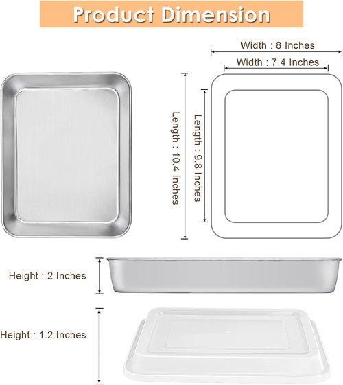 E-far Stainless Steel Toaster Oven Baking Pan Set - 10.4” x 8” x 2” with Lid | Non-Toxic & Dishwasher Safe for Cakes, Brownies, Casseroles - Set of 2