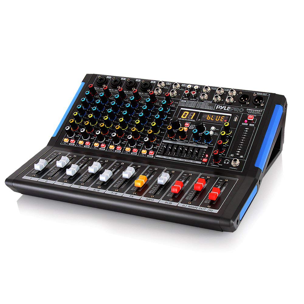 Pyle 8-Channel Console Style Audio Mixer with Bluetooth - DJ Sound Controller, 4 XLR / Combo Inputs, Sub Out, +48V Phantom, USB-A In, 16 DSP Effects, MP3 Player, 7-Band EQ - PMXU88BT
