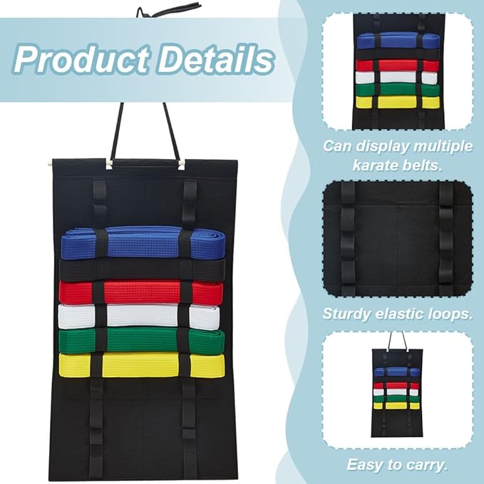 PLIGREAT 2 Pack Karate Belt Display Rack, 12 Belts Taekwondo Belts Display Felt Martial Arts Belt Organizer with Wood Frame for Martial Art Learners, Black & Blue