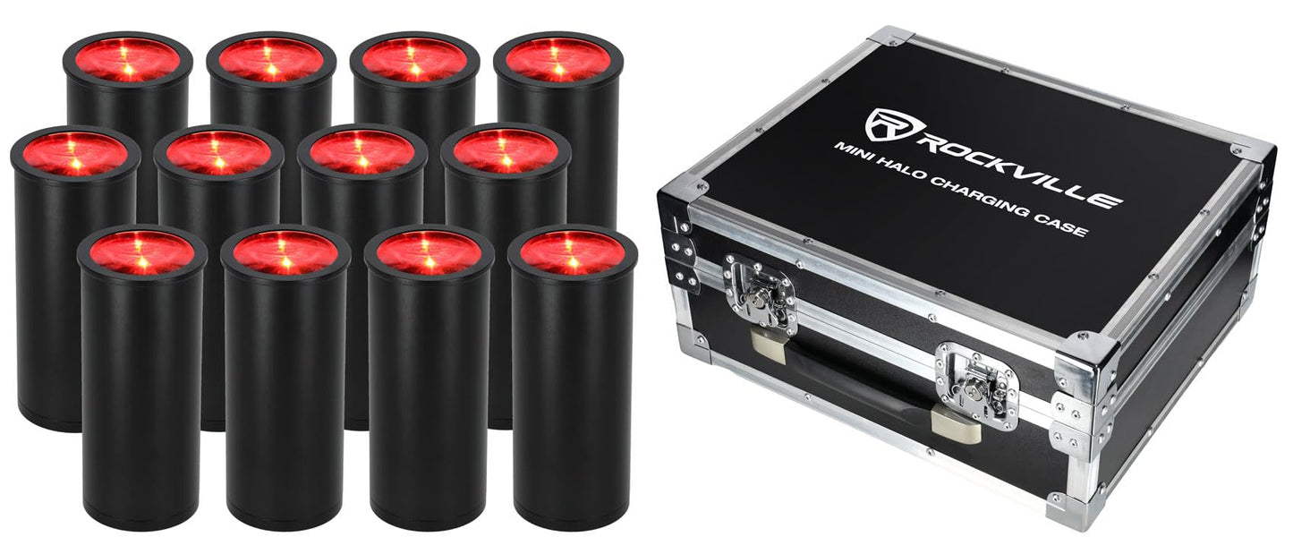 Rockville 12 Pack MINI Halo Black DJ Wash Effect Lights + Wireless Charging Case, Wireless DMX, 4 Group RF Remotes