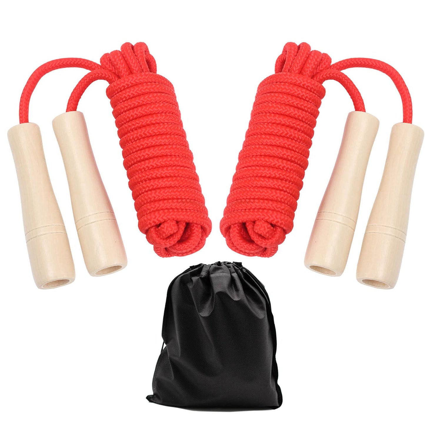 Double Dutch Jump Rope 16 ft 2 Pack, Adjustable Long Skipping Rope with Wooden Handle, Multiplayer Team Jumping Rope for Kids Adults, Long Enough for 5-6 Jumpers (Red)