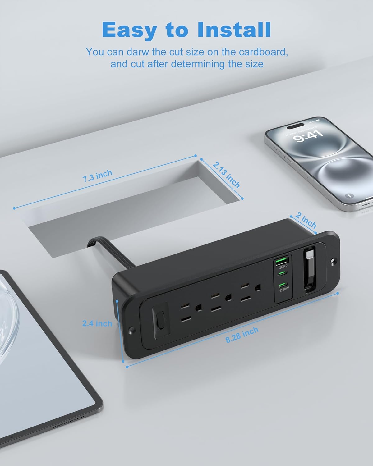 Jgstkcity Cable,2 20W Countertop Table,3 6FT-20W Recessed Power Strip with Retractable USB C PD USB C,Flush Mount