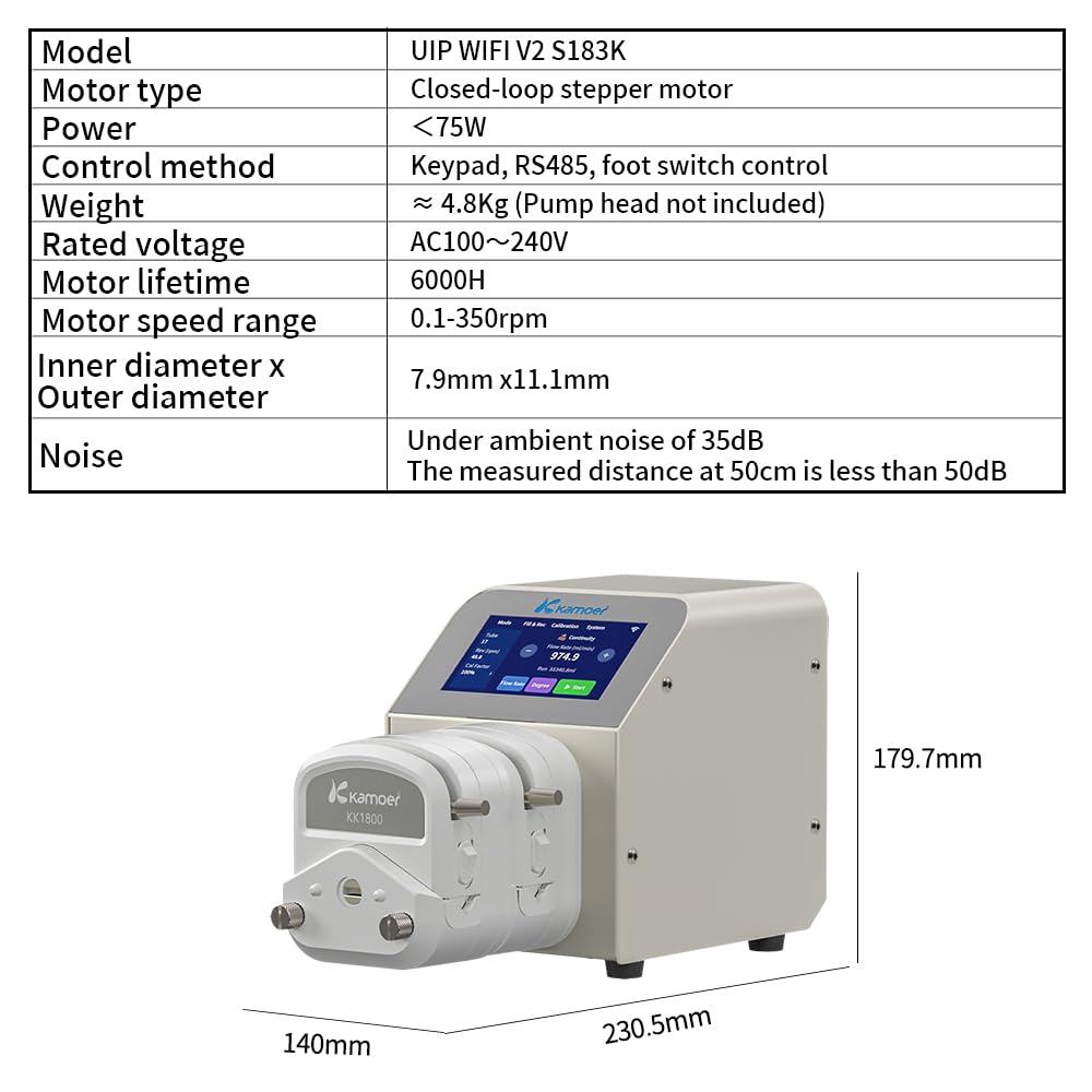 Kamoer UIP V2 Intelligent 0.1~1500ml/min high Flow peristaltic Pump with high-Precision Closed-Loop Stepper Motor 100V~240VAC dosing Pump Foot Switch (Double Head)