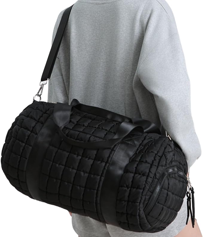 Quilted Duffel Gym Bag for Men and Women Carry On Travel Sport Weekender Bag, Black