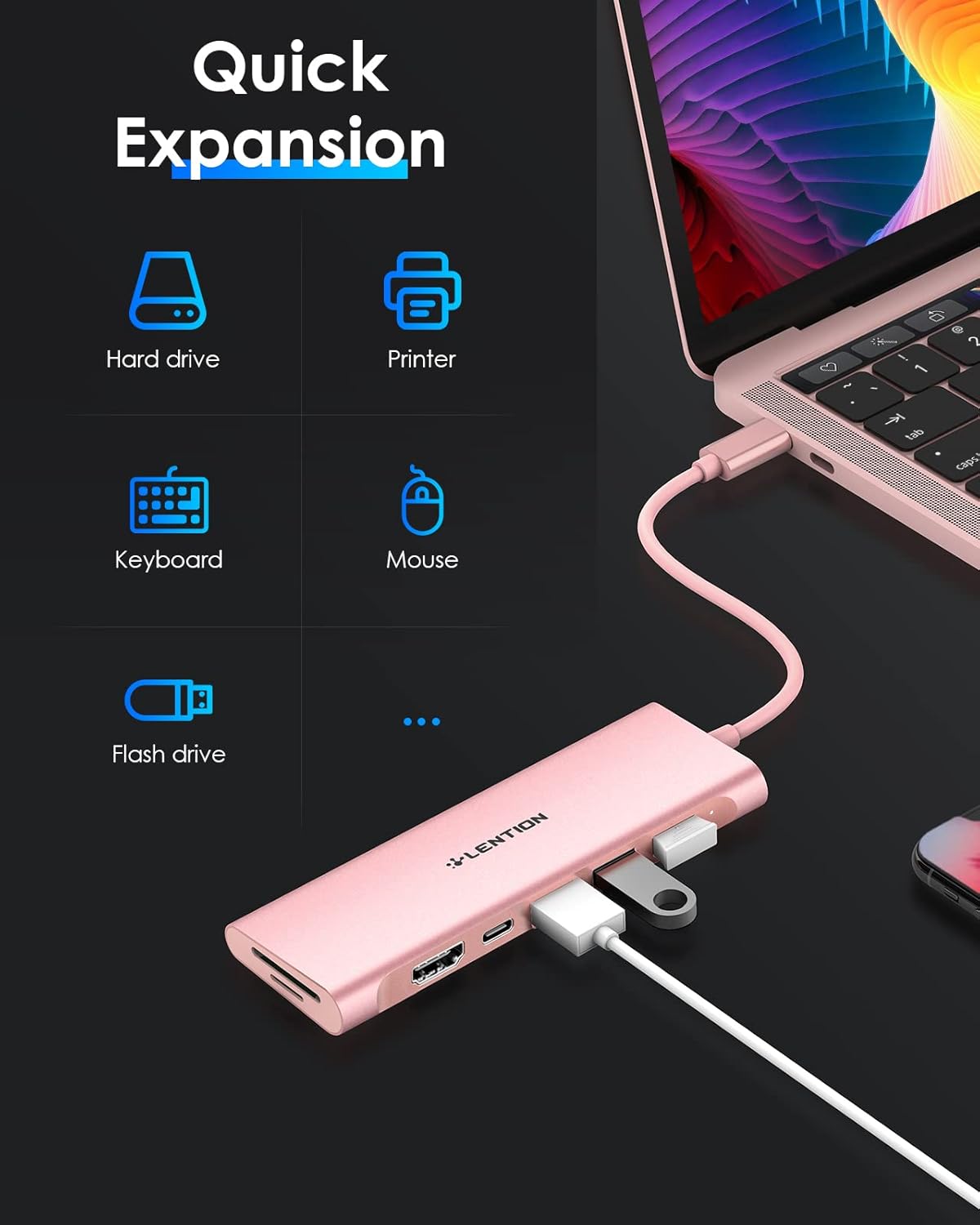 LENTION 7-in-1 4K 100W 3 3.0 2016-2025 (CB-C36B, USB C Multiport Hub with HDMI, PD, USB Ports, SD/MicroSD Card Reader
