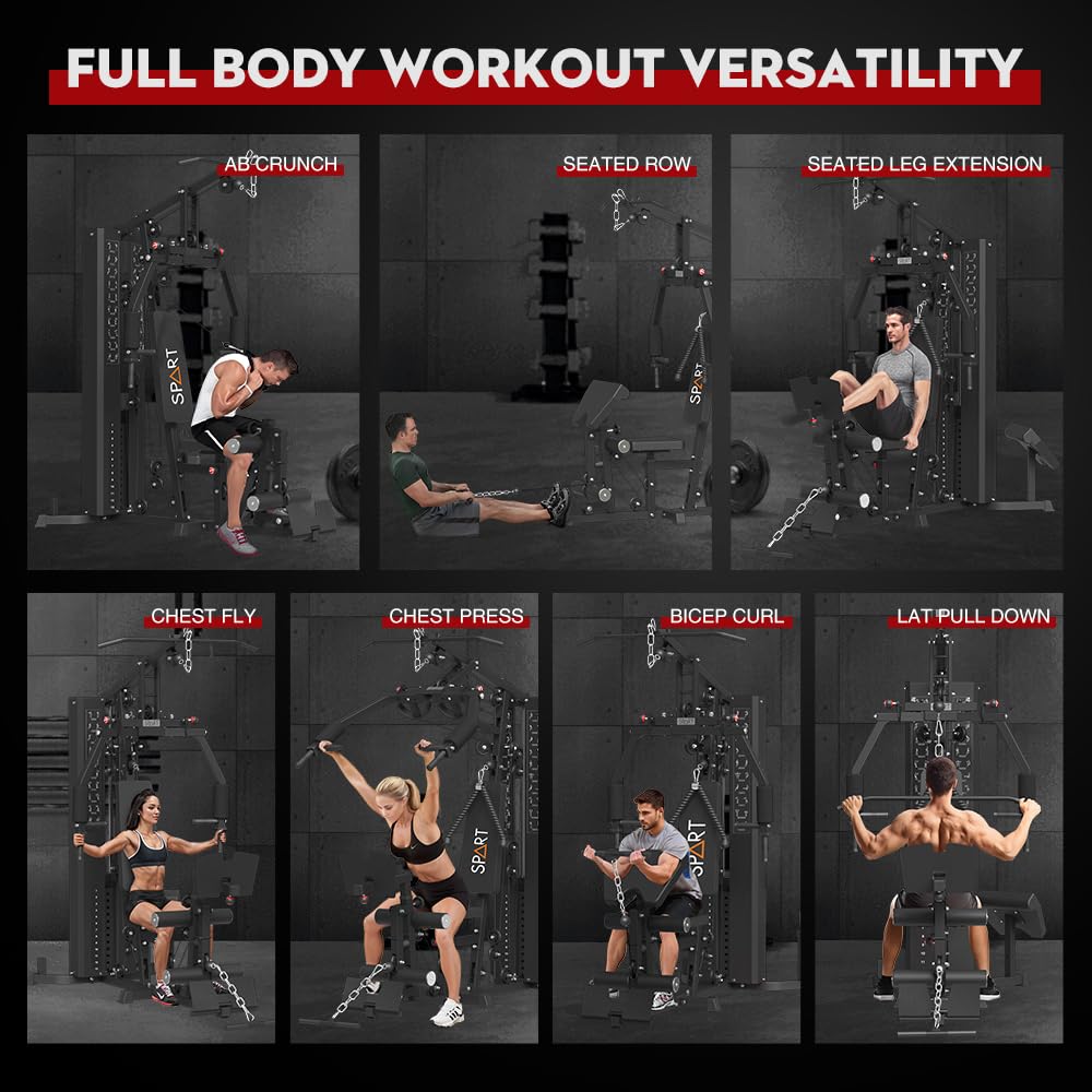 SPART Multifunctional Home Gym Station, Home Gym Exercise Equipment with 160LBS Weight Stack, Full Body Strength Training Workout Machine for Leg Press, LAT Pull Down, Chest Press, PEC Fly, Black