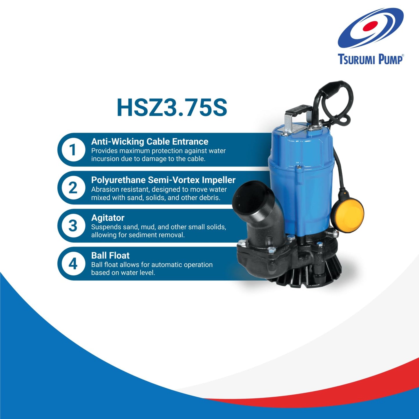 Tsurumi Pump HSZ3.75S Submersible Trash Pump with Float Switch 1 HP 115V 3" Discharge for Sand and Solids Dewatering | 66 GPM / 4000 GPH