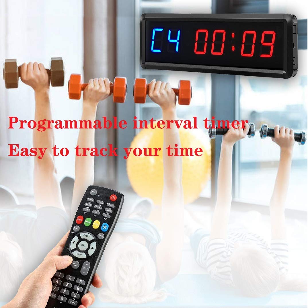 Ledbrigym Gym Timer Clock Digital Interval Tabata Workouts Fitness Wall Small with Remote Home Garage Office Jujitsu School Referee Studio Church Service (Two Blue+Four Red 1.5")