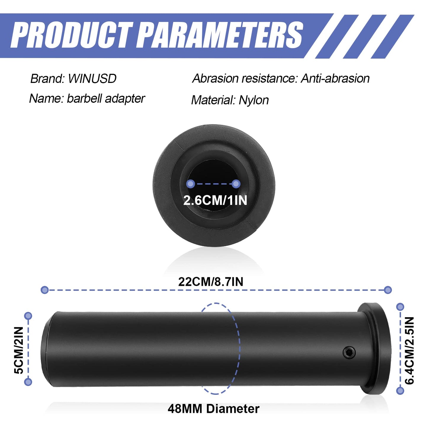 WINUSD 2Pcs Nylon Olympic Adapter Sleeve 8- Converts 1" Standard Weight Plate Posts to 2- Olympic Weight Plate PostsIncludes Removable end Cap and Allen Key