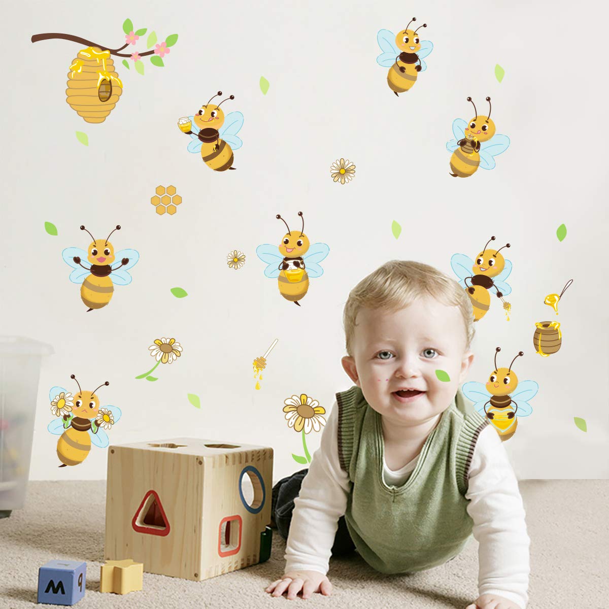 ufengke Yellow Bee Wall Stickers Flower Beehive Branch Wall Decals Art Decor for Kids Bedroom Nursery Playroom