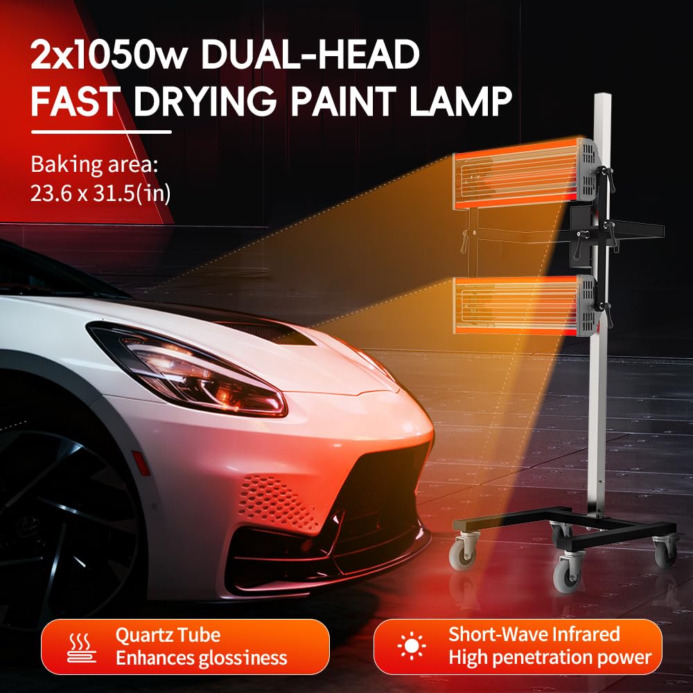pakowin Infrared Paint Curing Lamp - 2100W 110V Short Wave Infrared Heating Light Equipped with Four Caster Wheels - with Timer and Height Adjustable - for Car Paint Booth