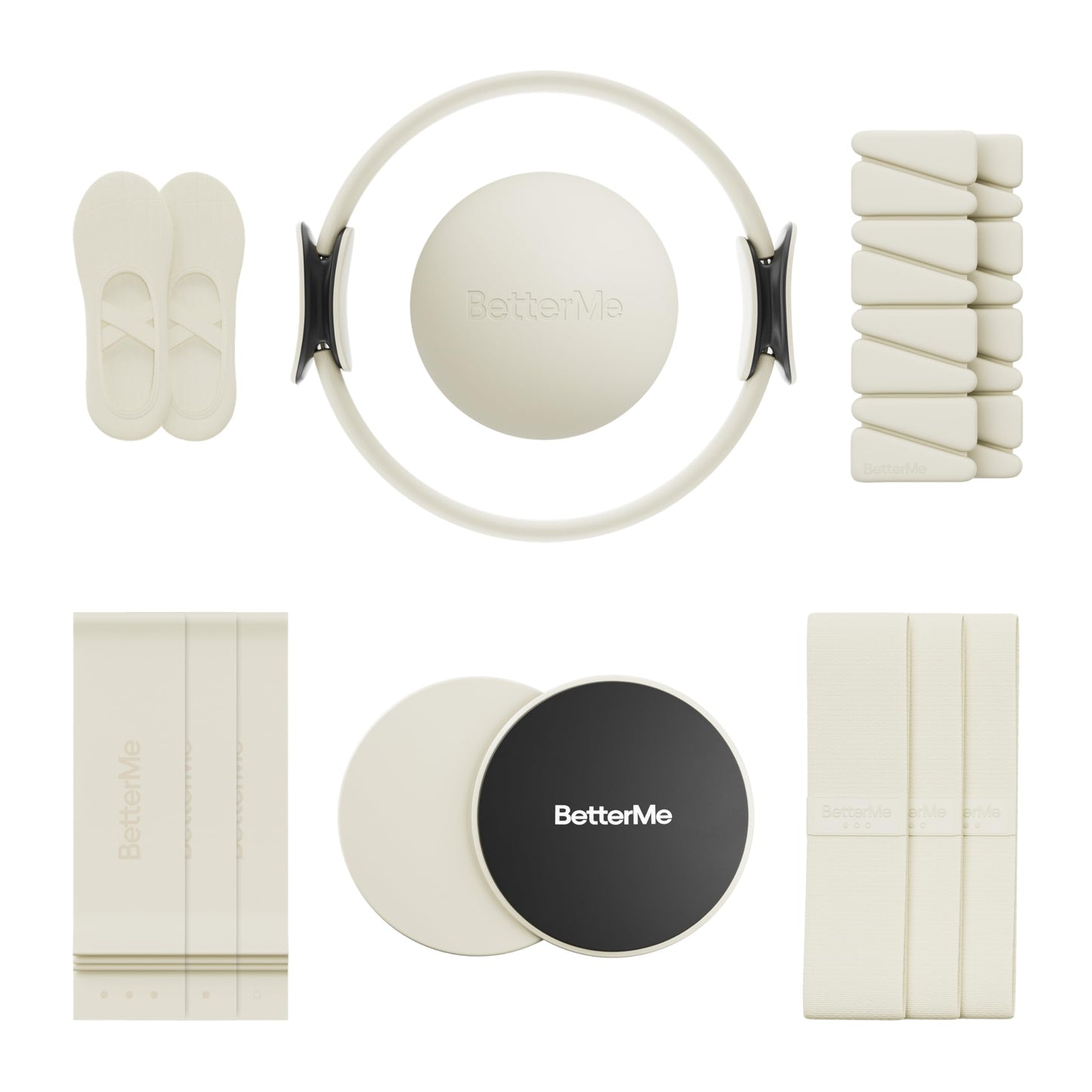 BetterMe Pilates Studio Kit – Pilates Ring, Pilates Ball, Resistance Bands & Sliders – Complete Pilates Equipment Set for Women – Home & Studio Pilates Workout Kit (Ivory)