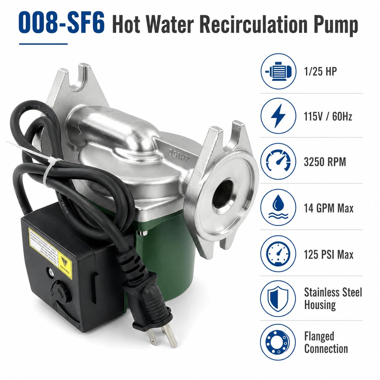 008-SF6 Hot Water Recirculation Pump 1/25 HP 115V 14 GPM 125 PSI 3250 RPM Flanged Stainless Steel Circulator Pump Compatible with Taco for Boiler Radiant Heating & Closed Loop System Replace 008SF6