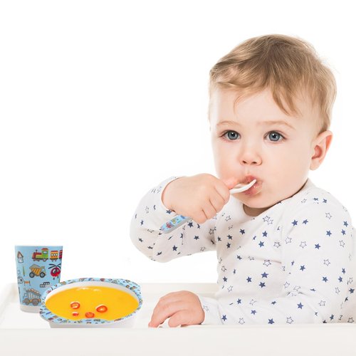 Kids Feeding Set 5 Pcs, Tableware Set for Toddlers Includes Plate Bowl Cup Fork and Spoon Utensil Flatware, Kids Flatware Set Dishwasher Safe, BPA Free (Construction)