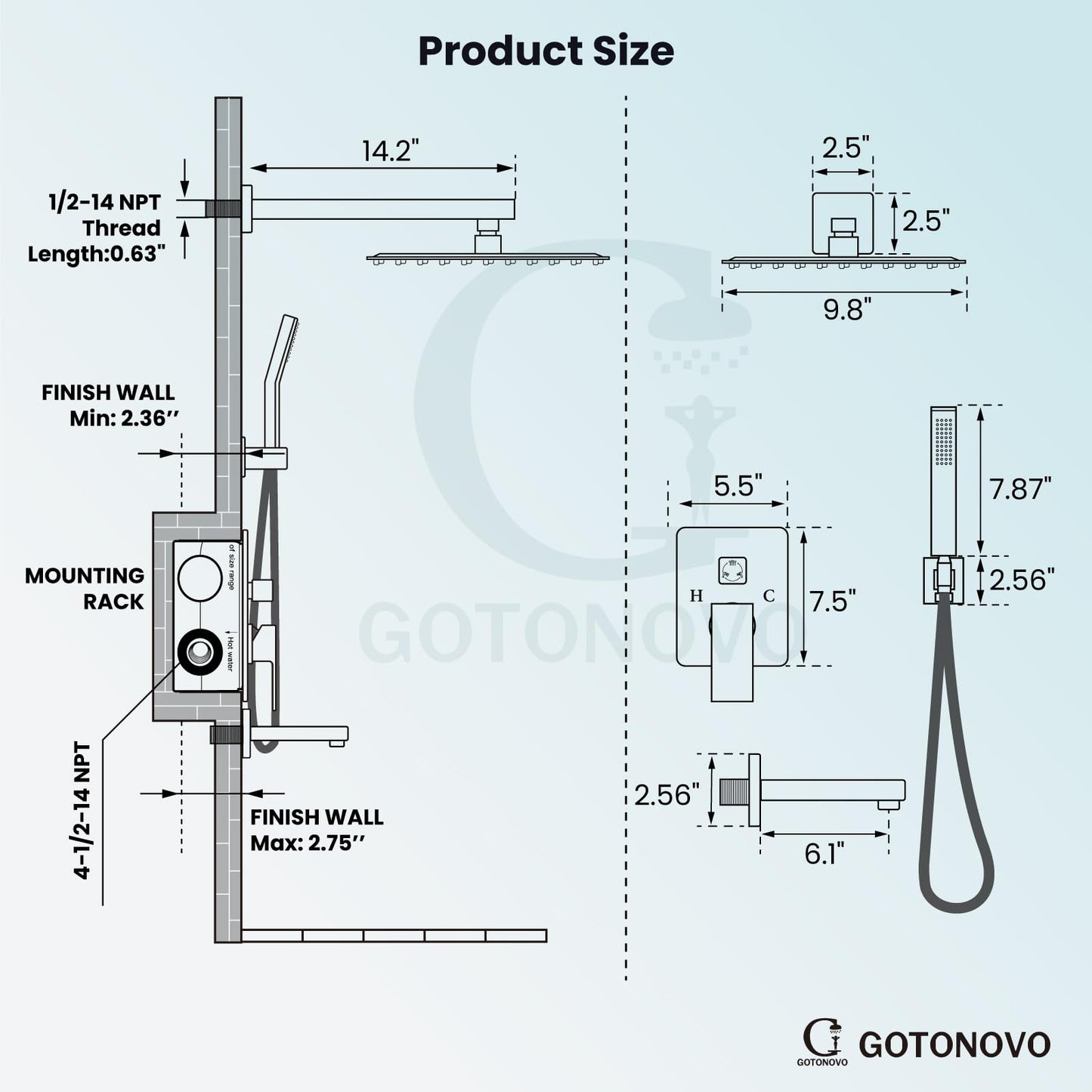 gotonovo Shower System with Tub Spout Wall Mounted Rain Shower Head and Handle Combo Shower Faucet Set with Valve, 10 Inch, Matte Black