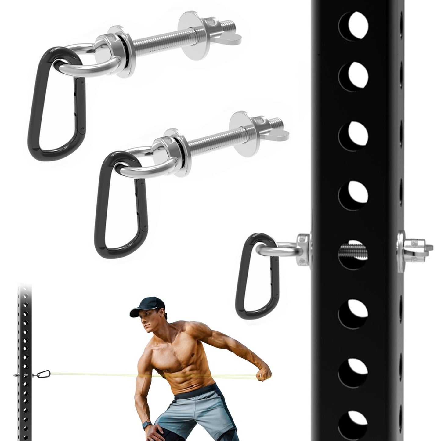 J Bryant Heavy Duty Rack Anchor – Stainless Steel Resistance Band Pegs with Large Carabiner for 5/8" & 1" Power Rack – Multi-Purpose Attachment for Strength Training & Gym Equipment Storage