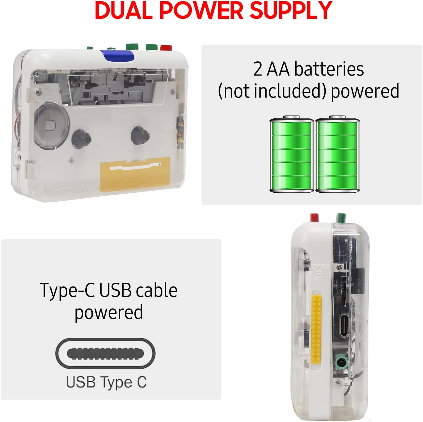 Yinhing Cassette MP3 MP3 Cassette to Player, Color Transparent Tape Player to Portable Stereo Player, USB Plug and Play