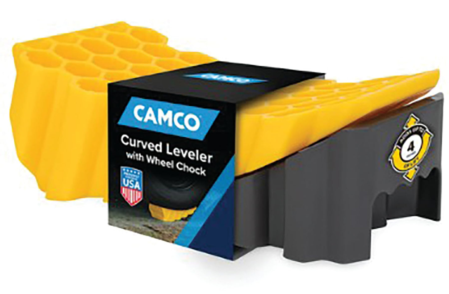Camco Curved Camper/RV Leveler & Wheel Chock - Features Heavy Duty Honeycomb Design & Includes Non-Slip Rubber Grippers on Wheel Chock - Compatible w/Trailers Up to 30,000 lbs - 1-Pack (44423)
