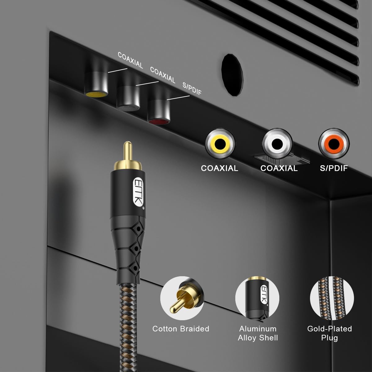24K Black/25ft/8m EMK RCA to RCA Subwoofer Cable Gold-Plated Connector Nylon Braided Double Shielded Audio Cable