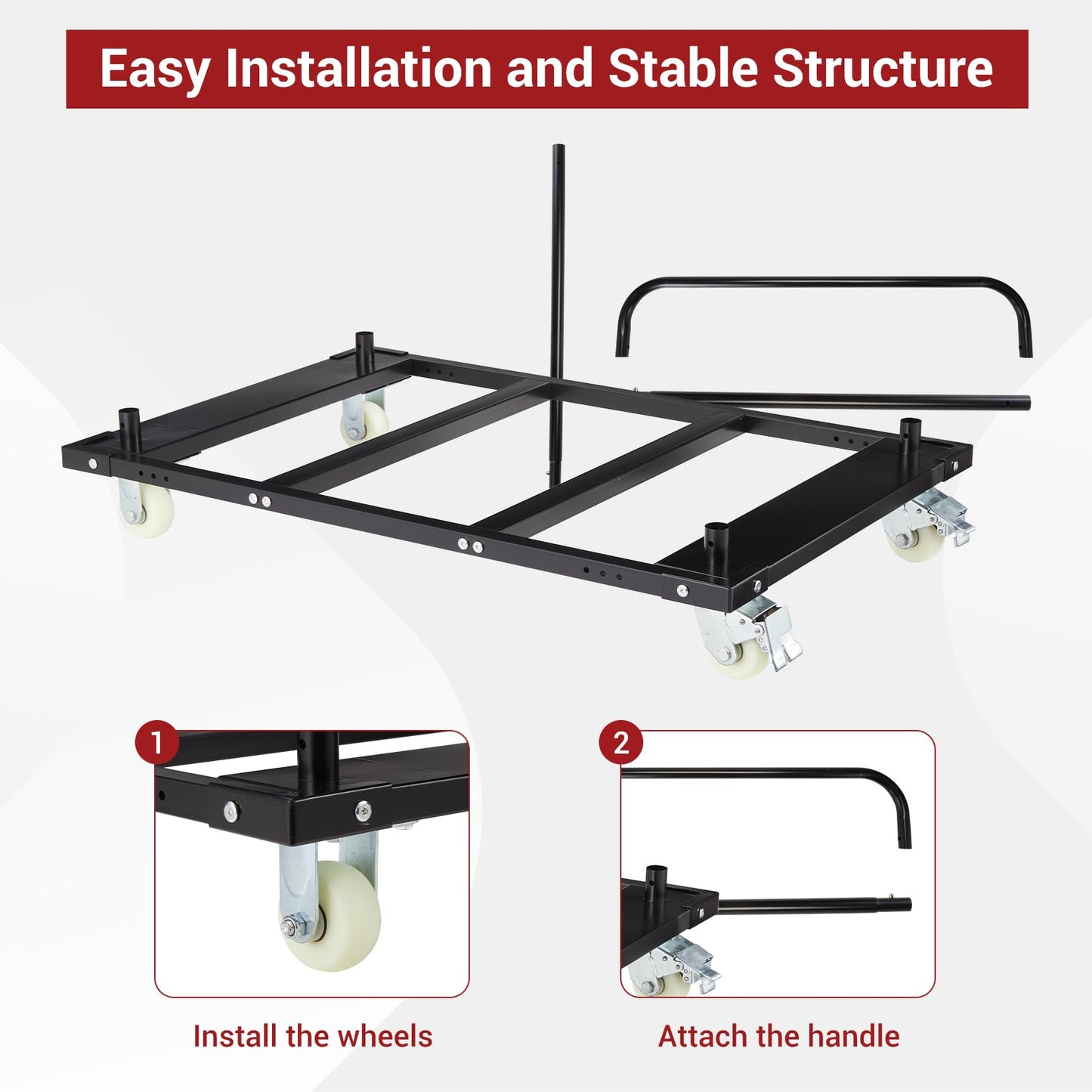 Folding Table Cart, 1500 LB Capacity, Heavy Duty Steel Table Dolly with Lockable Wheels & Dual Removable Handlebars, Portable for Events Hotels Banquets Schools, Black