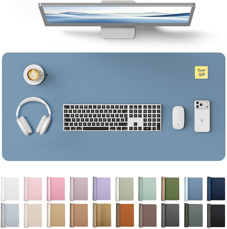 YSAGi Leather Desk Protector, Office Mat, Large Mouse Pad, Non-Slip PU Leather Blotter, Laptop Desk, Waterproof Writing Pad for Office and Home (Blue, 31.5" x 15.8")