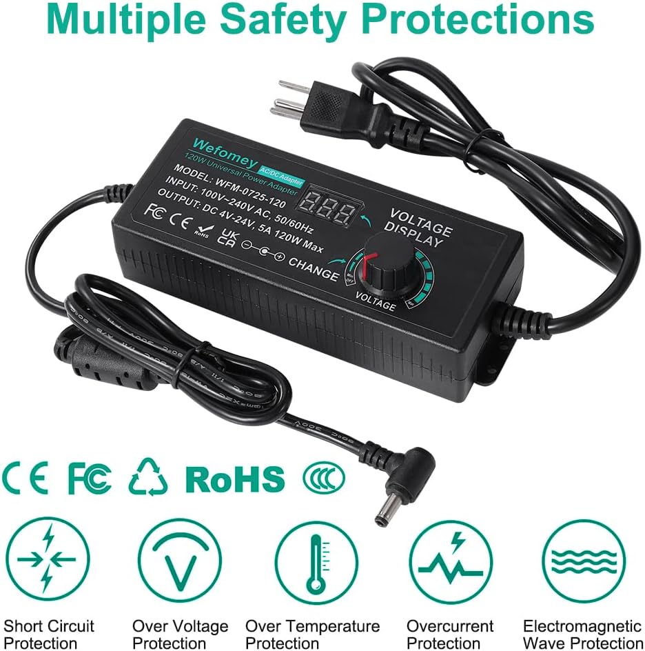 Wefomey 120W 3V 24V 100V-240V 24V 5A 14 5000mA Universal Power Supply Adjustable DC ~ Variable Switching AC/DC Adapter