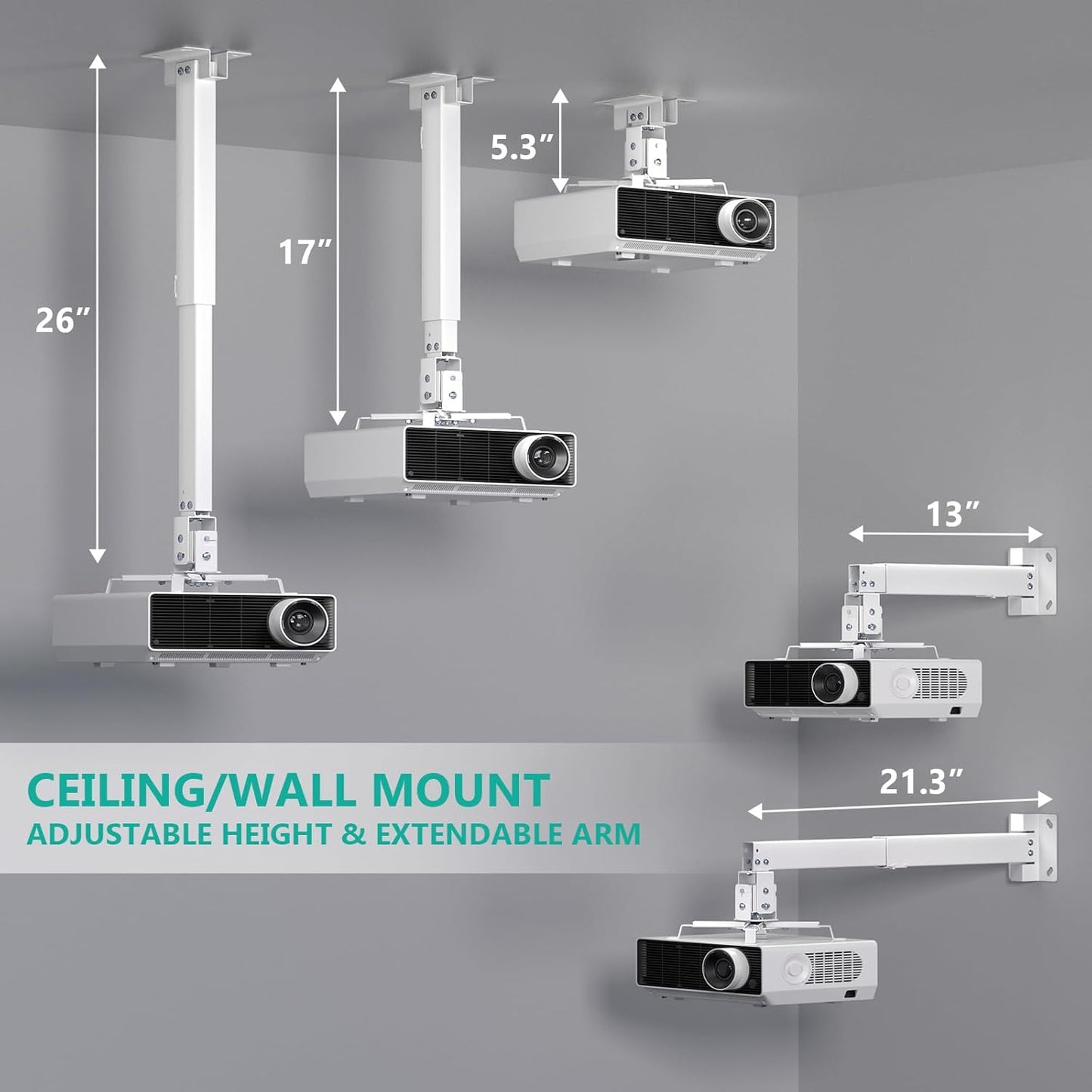 3-in-1 44lbs (PM-003-W), WALI Projector Mount Ceiling/Wall - Universal Bracket with Extension Pole, Height Adjustable