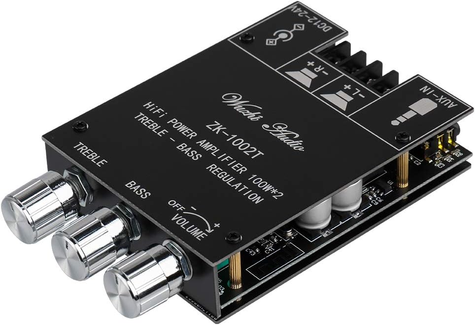 ZK-1002T 2.0CH 100W*2 9-24V Bluetooth Amplifier Board Mini Audio AMP with Treble and Bass Control, BT and AUX Inputs