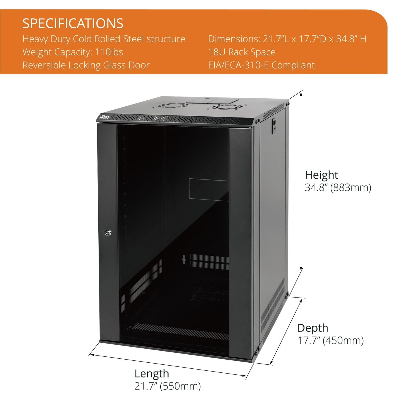 Tecmojo 18U Wall Mount Rack Network Cabinet for 19" IT Equipment,with Lockable Glass Door and Side Panels,Cooling Fan,Black,17.7inch Depth for AV/Computer/Electronics Equipment Data Rack