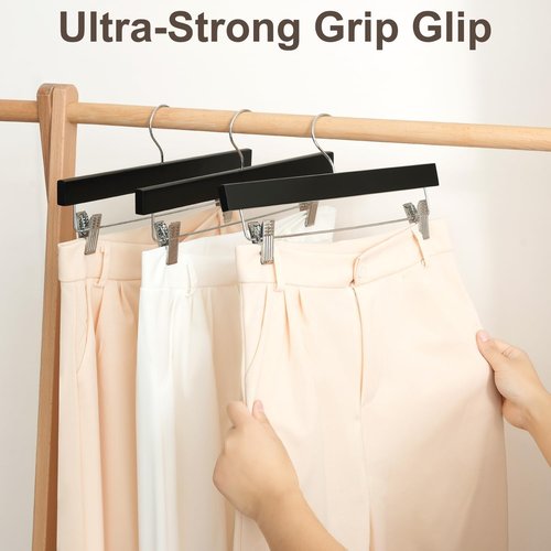 BAGAIL 20 Pack Wooden Pants Hangers - Adjustable Clips & 360° Swivel Hook for Space Saving (Black)