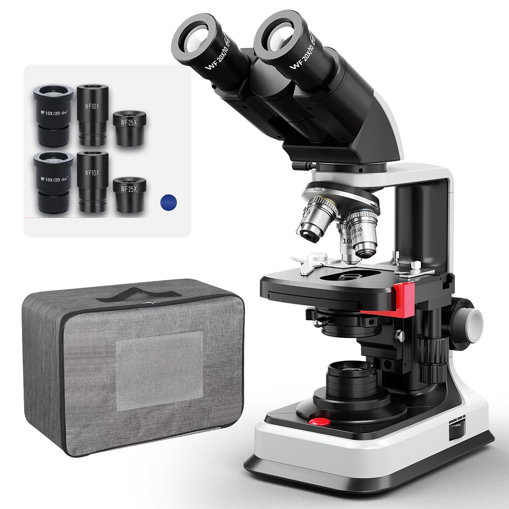 [Dual Power Supply] Vabiooth Lab Compound Binocular Microscope 40X-2500X Magnification, Two-Layer Mechanical Stage, 20mm Ultra Wide-Field 10X 16X and 25X Eyepieces, Dual Power Supply, Abbe Condenser