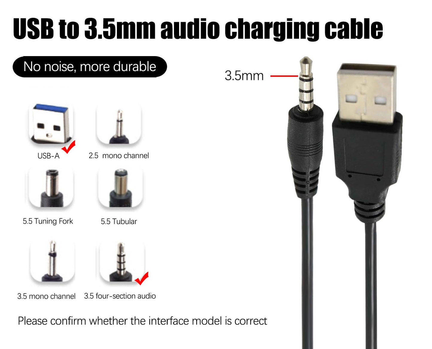 KKPOERT 3.5mm MP3, etc3.3FT USB Cable, Male AUX Audio Jack to USB Public Charging Adapter, Compatible with recorders