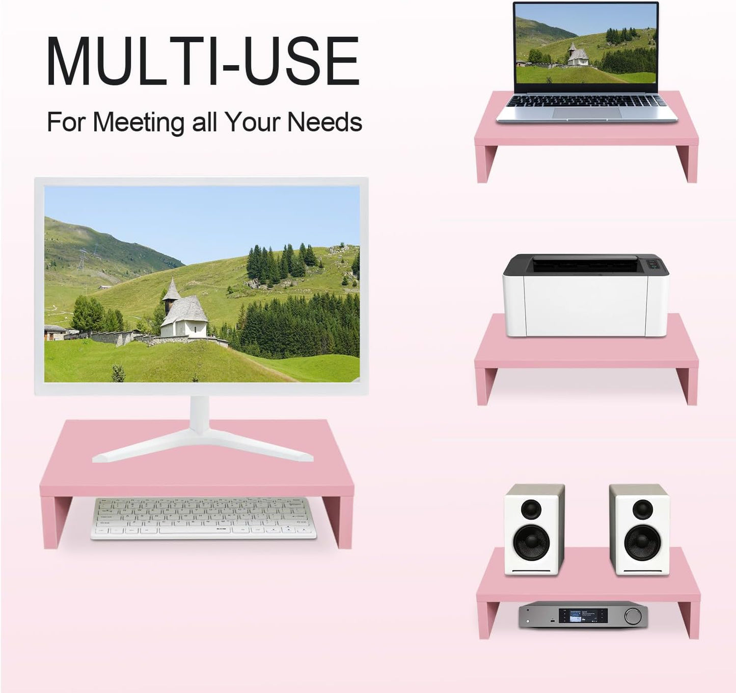 (Pink-14.2 inch) TEAMIX Pink Monitor Stand Riser, Wood Monitor Riser with Storage for Desk Small Monitor Stand