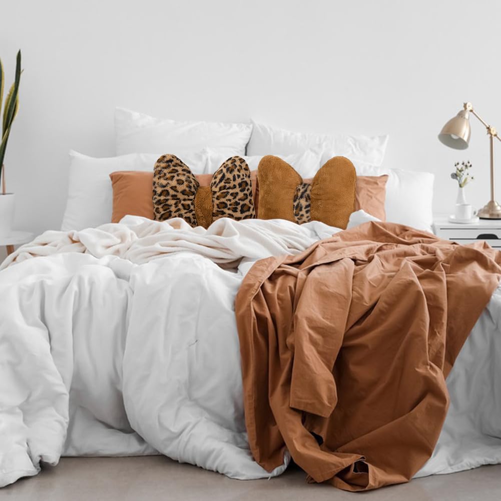 GKWW 2Pcs Leopard Print Bow Throw Pillow Furry Bow Plush Pillows Cute Flower Plush Pillow Cheetah Home Decor Stuffed Bow Lumbar Pillow for Bed Couch Living Room Decor (Brown, 16in Bowknot)